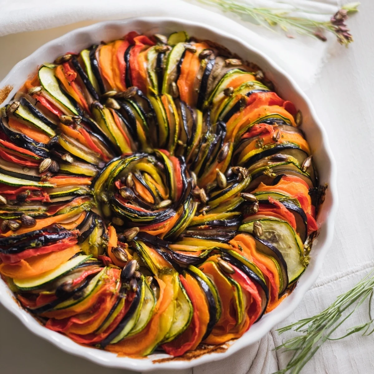 Close-up of the elegant Snail Shell Spiral, showcasing vibrant vegetable layers and tantalizing flavors.