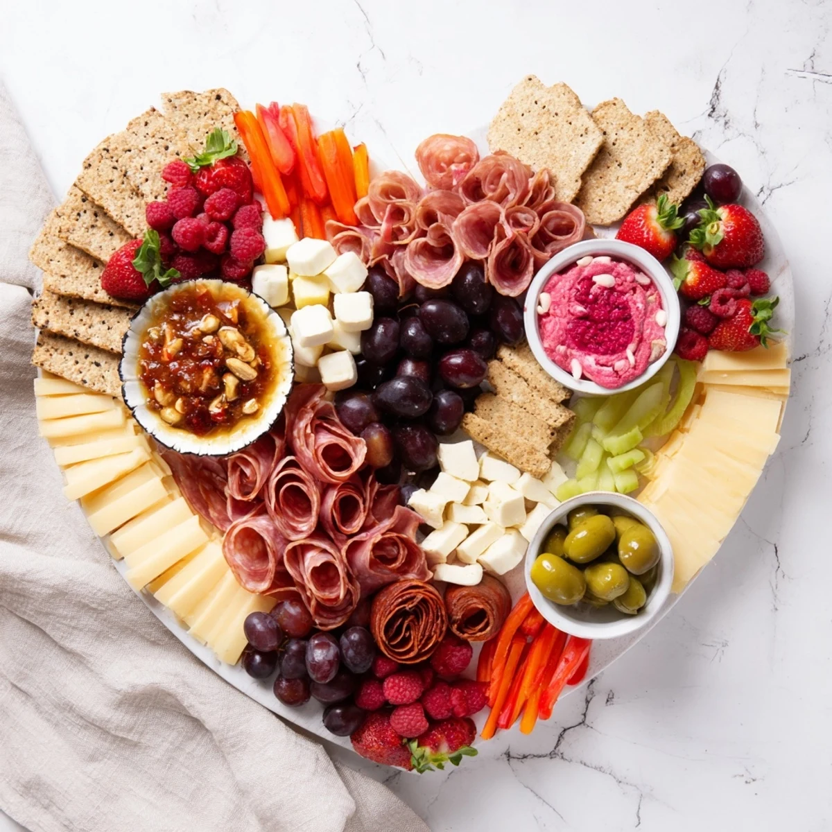 A beautiful Heart of Romance Board overflowing with fresh fruits and creamy cheeses.