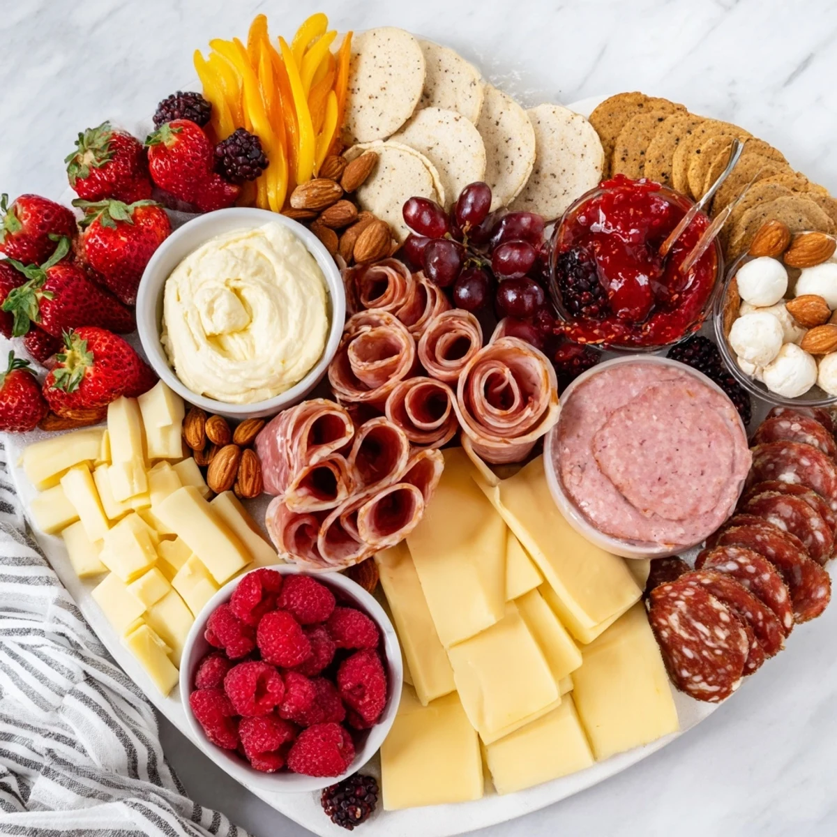 This Heart of Romance Board offers a delicious array of cheeses, meats, and sweet treats.