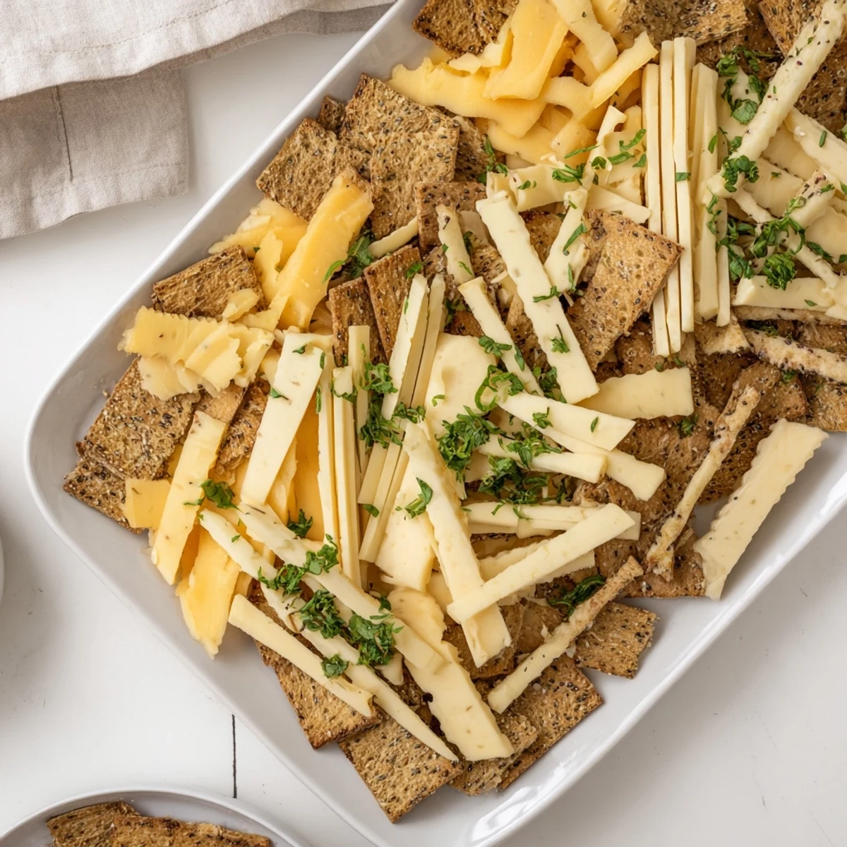 Golden lattice of The Garden Gate appetizer, with woven cheese and cracker strips and fresh chives.