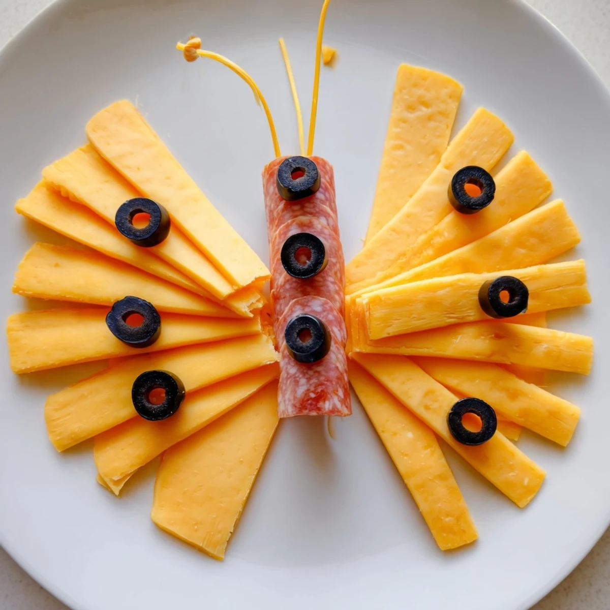 A beautiful platter displays the creative Butterfly Migration appetizer: cheddar wings, salami body, and olive spots.