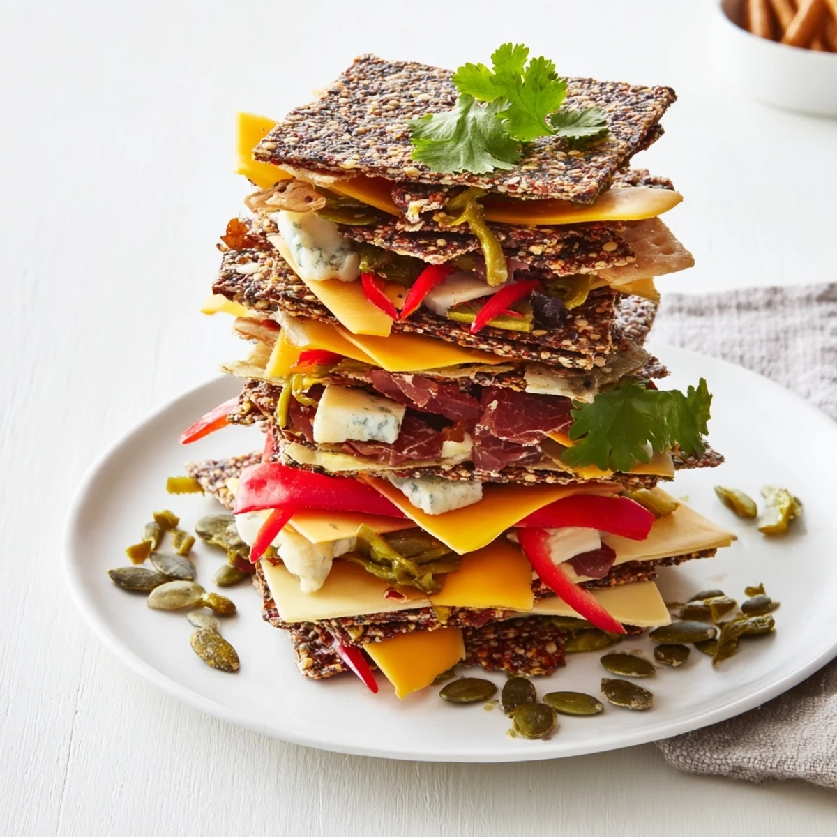 The Southwest Mesa appetizer: cheese towers with bell pepper, cilantro, and crunchy crackers ready to enjoy.