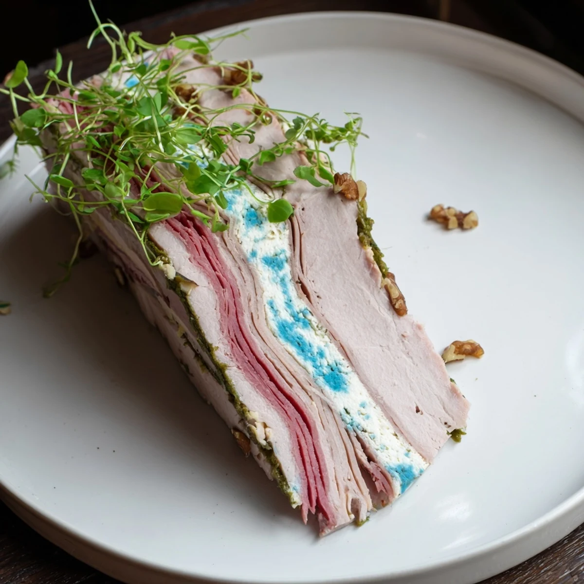 The Grand Canyon Rim terrine with its layered meats and blue cheese river ready for serving.