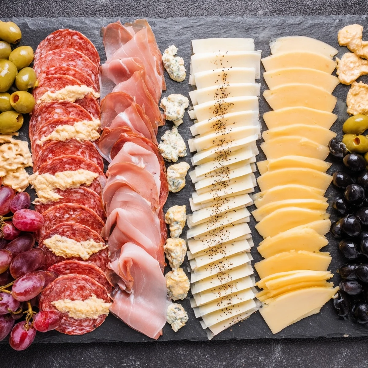 Salty, cured meats and sharp cheeses arranged perfectly on "The Industrial Slate" appetizer board.