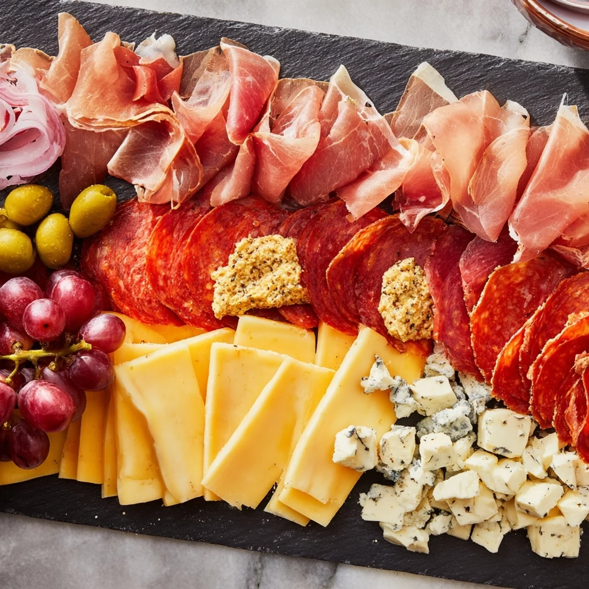 A modern, minimalist arrangement of "The Industrial Slate" featuring meats, cheeses, and accompaniments on a slate slab.