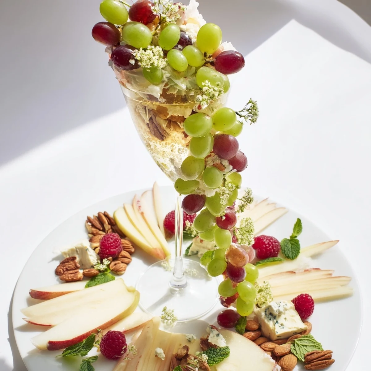 A delicious overhead shot of the Champagne Waterfall Board, featuring fruits, cheeses, and crackers ready to eat.