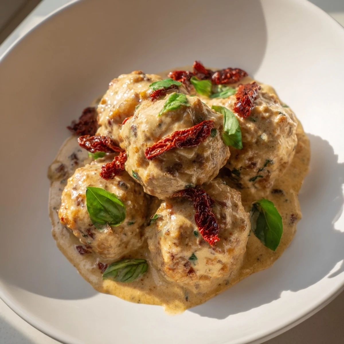A close-up shot of rich, flavorful Marry Me Chicken Meatballs, garnished with fresh basil.