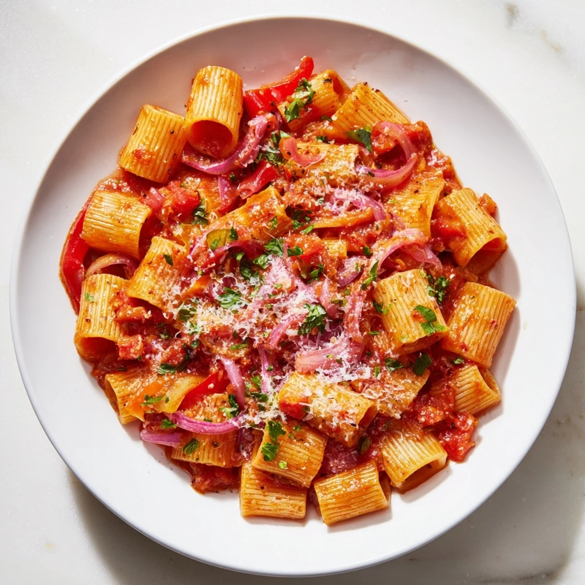 One-Pot Diavola Spicy Pasta, steaming with fresh herbs, is ready for a tasty Italian dinner.