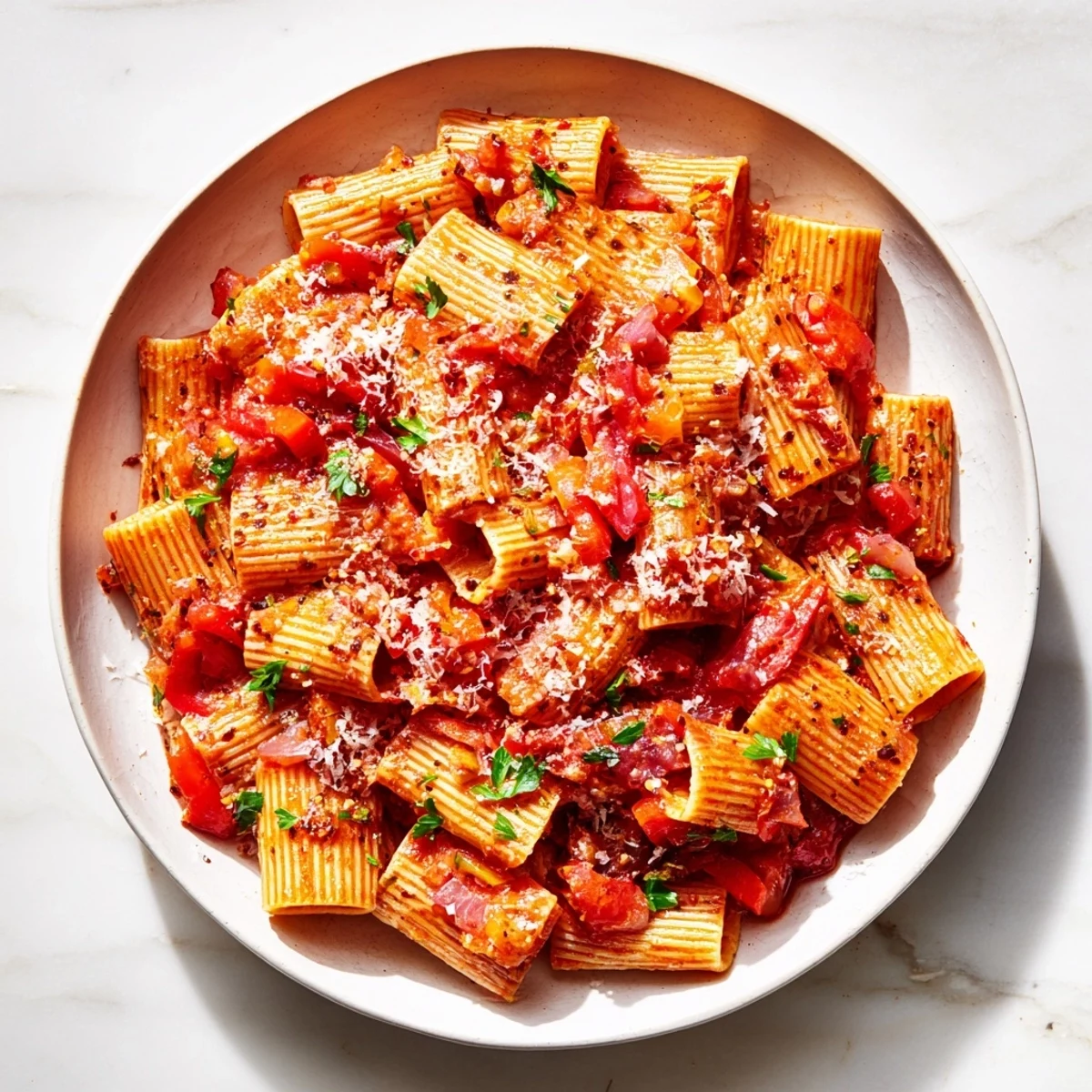 Enjoy this easy vegetarian One-Pot Diavola Spicy Pasta, with tender pasta and savory tomato sauce.