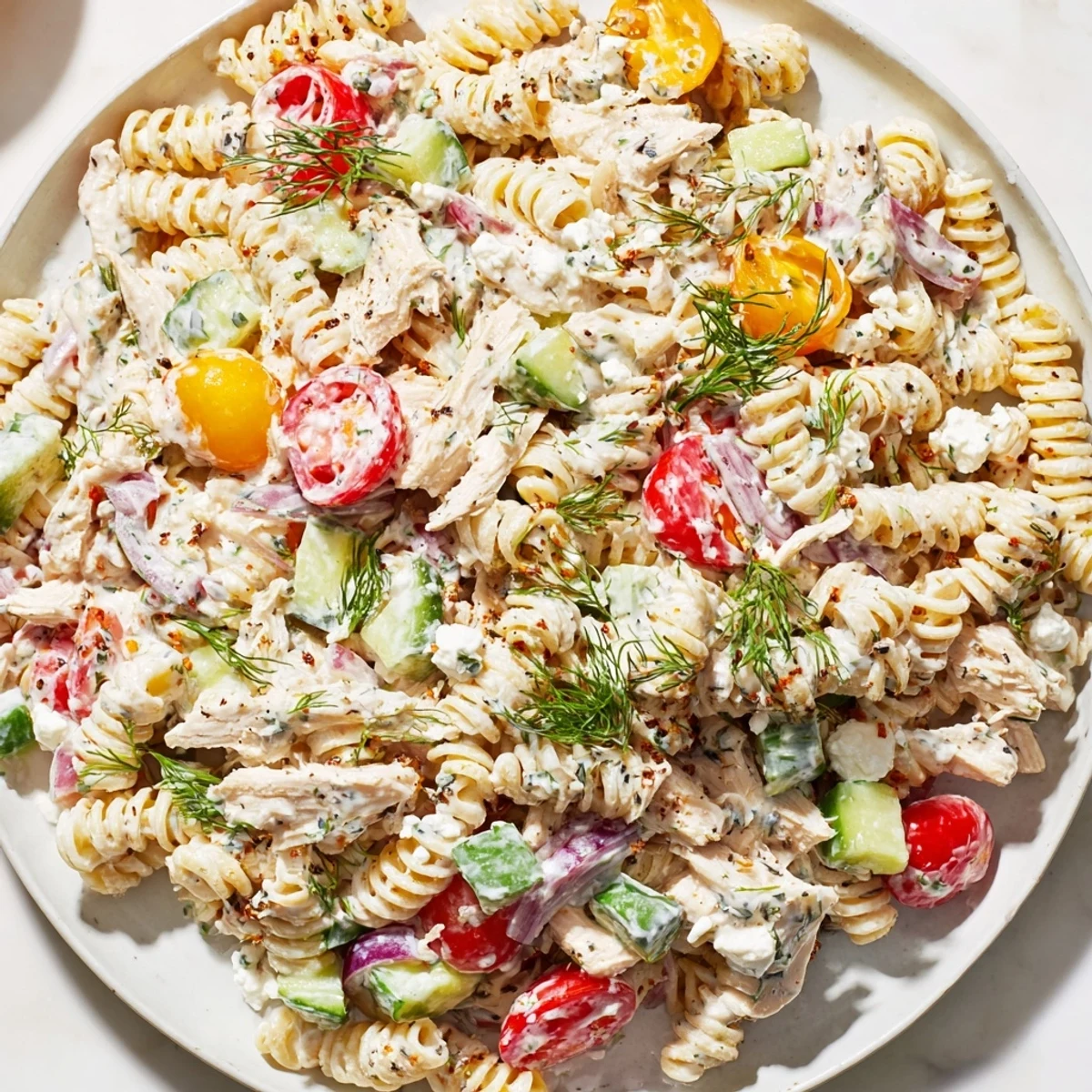 Creamy Everything Bagel Chicken Pasta Salad, bursting with colorful veggies and savory toppings.