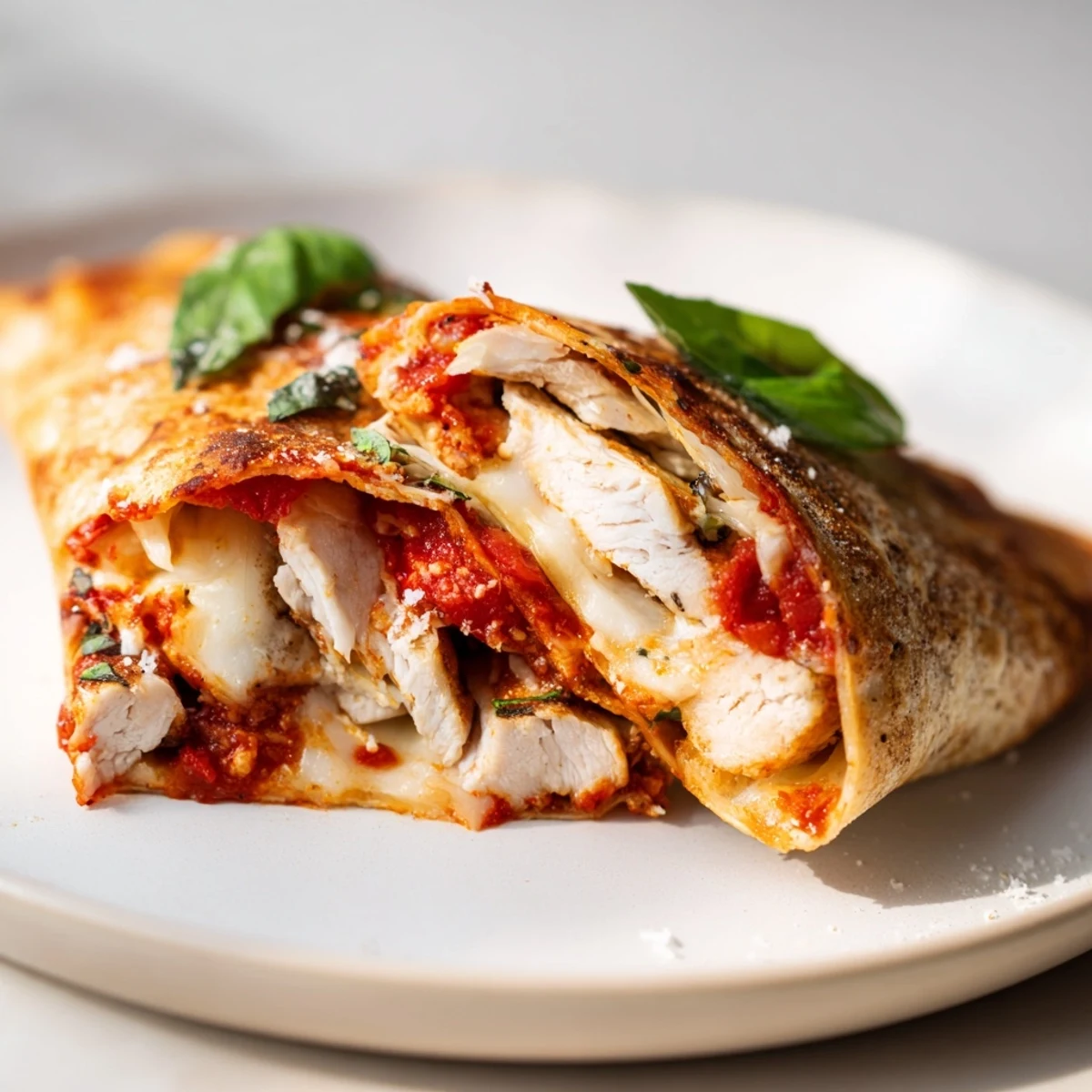 Crispy Tortilla Pizza Wrap filled with melted mozzarella, savory chicken, and fresh basil leaves.