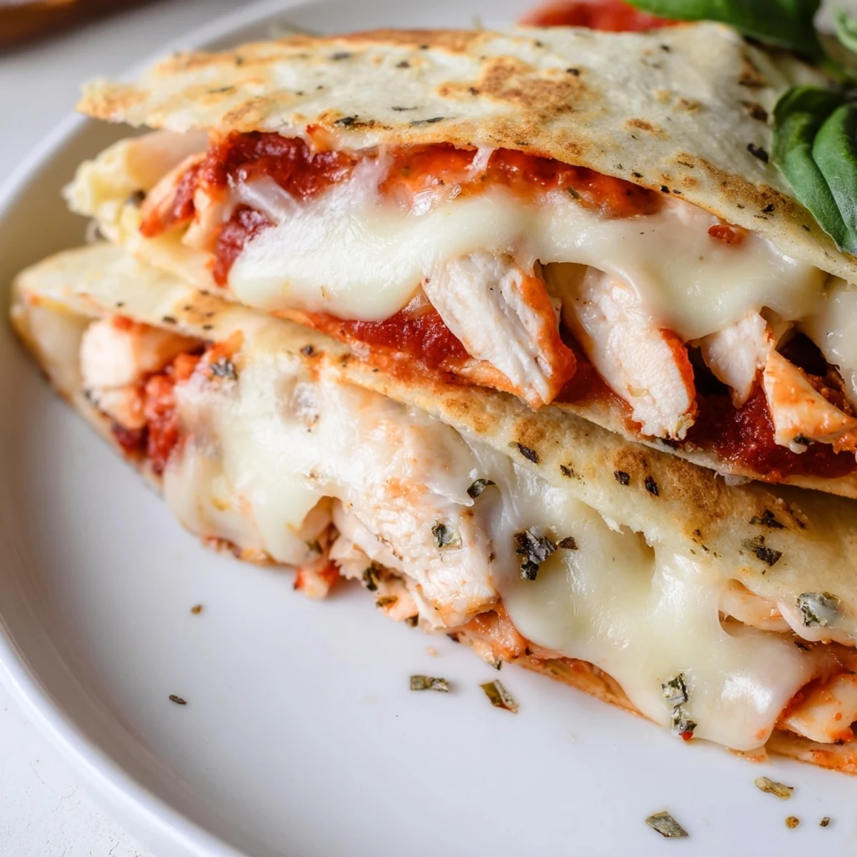 Delicious homemade Tortilla Pizza Wrap, with chicken and cheese nestled into a perfectly folded tortilla.