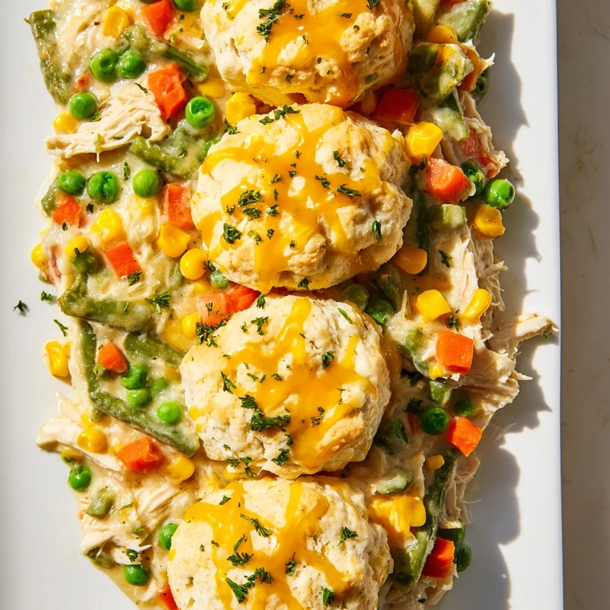 A close-up of savory Chicken Cobbler with Red Lobster Mix, a hearty meal, perfect for family dinners.