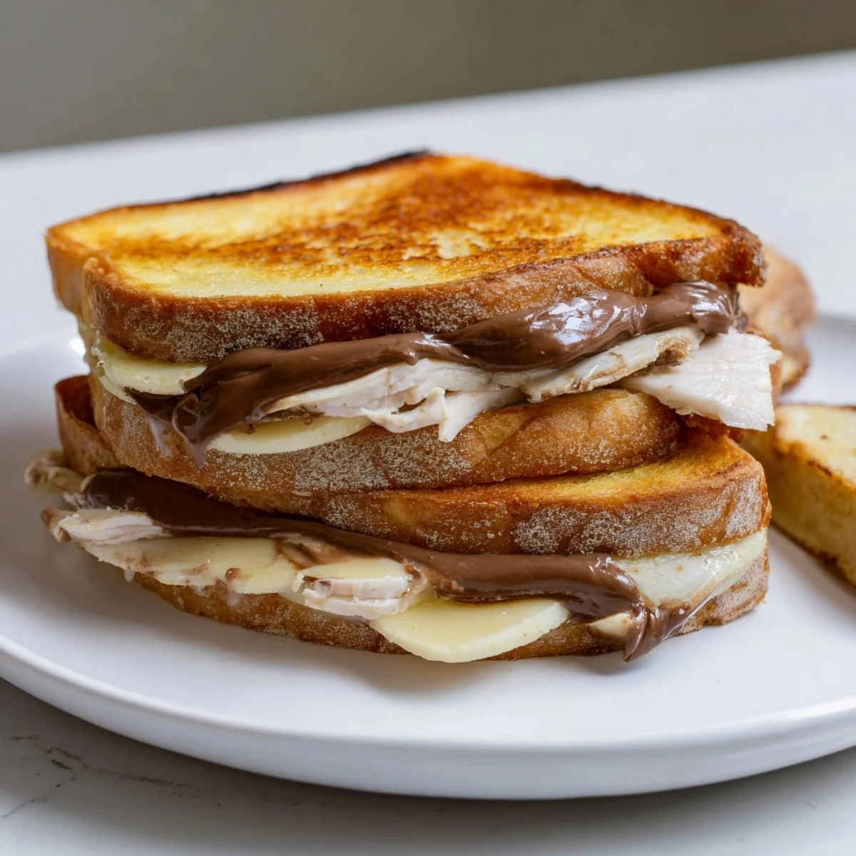 Golden brown Nutella grilled cheese with chicken: a melty, savory, and sweet sandwich.
