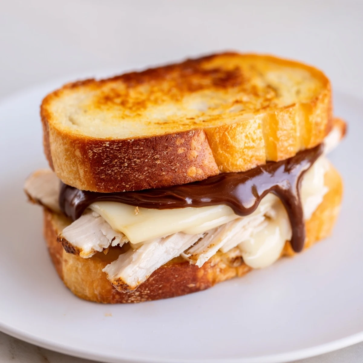 Close-up of a Nutella grilled cheese with chicken, showing layers of chicken and cheese.