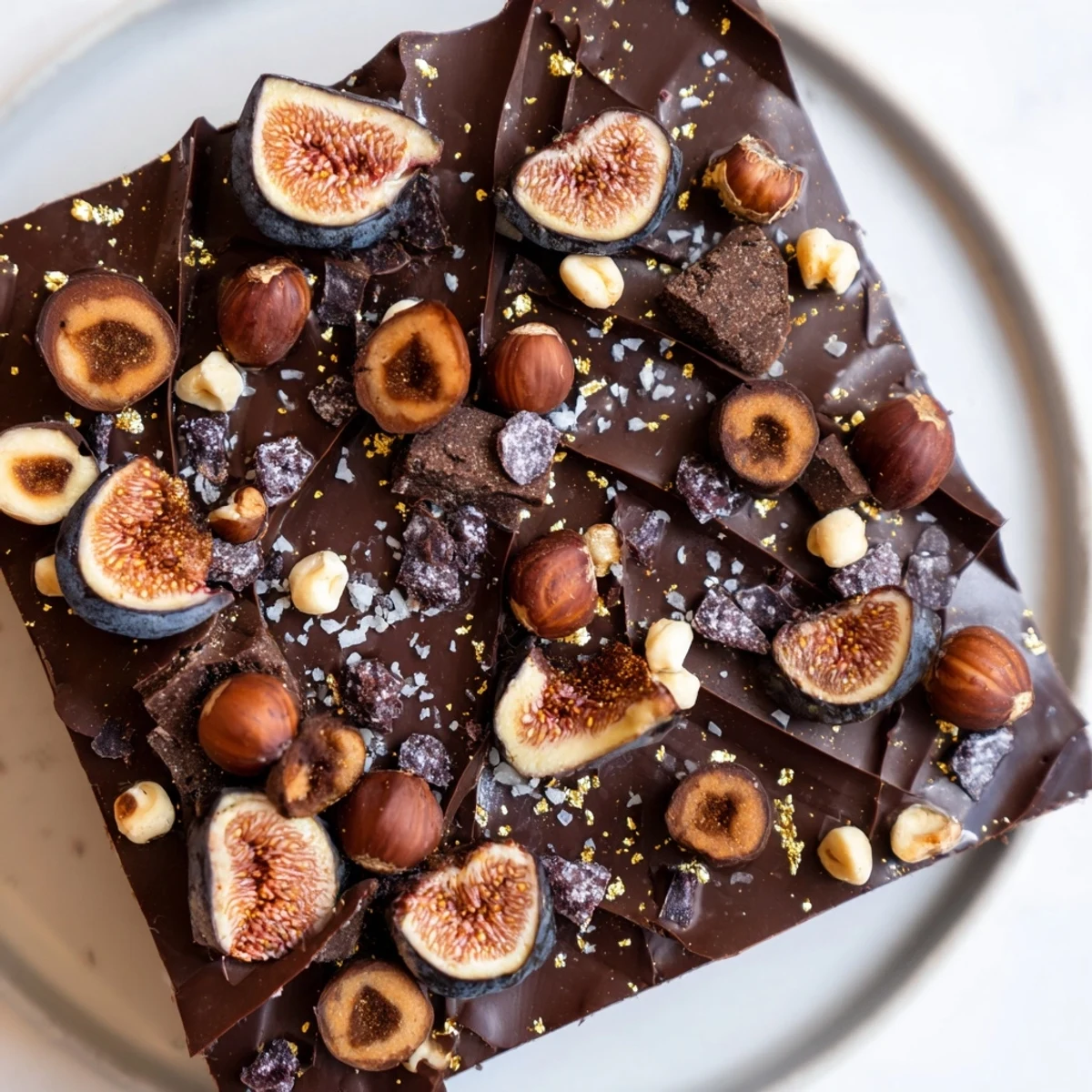 Decadent Midnight Mosaic dessert: a close-up shows layers of chocolate, figs, & olives.
