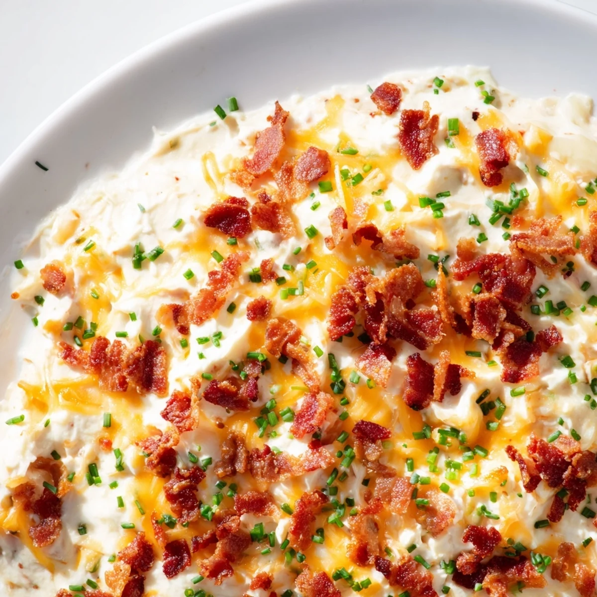 Golden, bubbly Cheesy Bacon Ranch Dip, served warm and ready to be scooped with crispy tortilla chips.