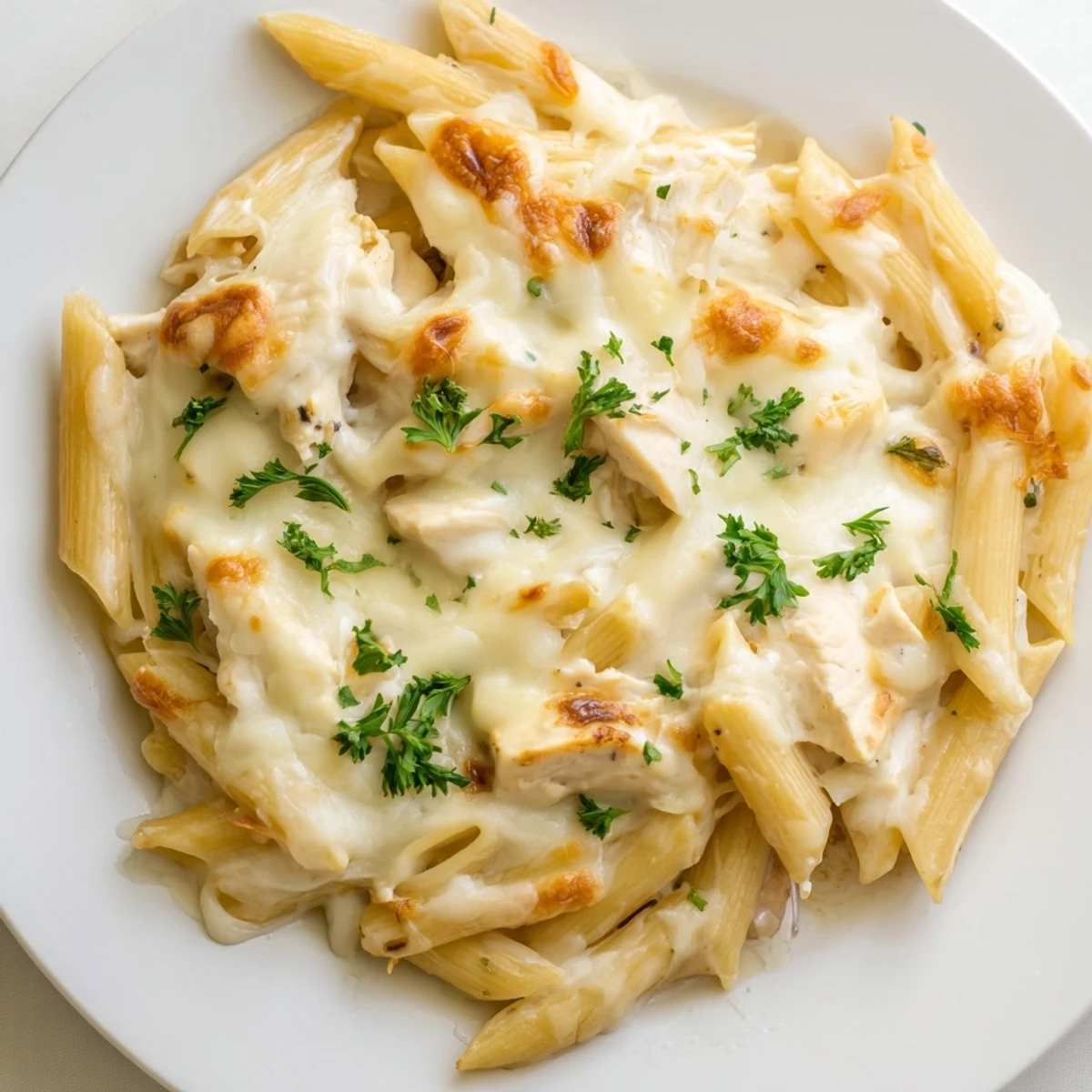 A close-up of a steaming Chicken Alfredo Bake, creamy pasta and chicken beautifully presented.