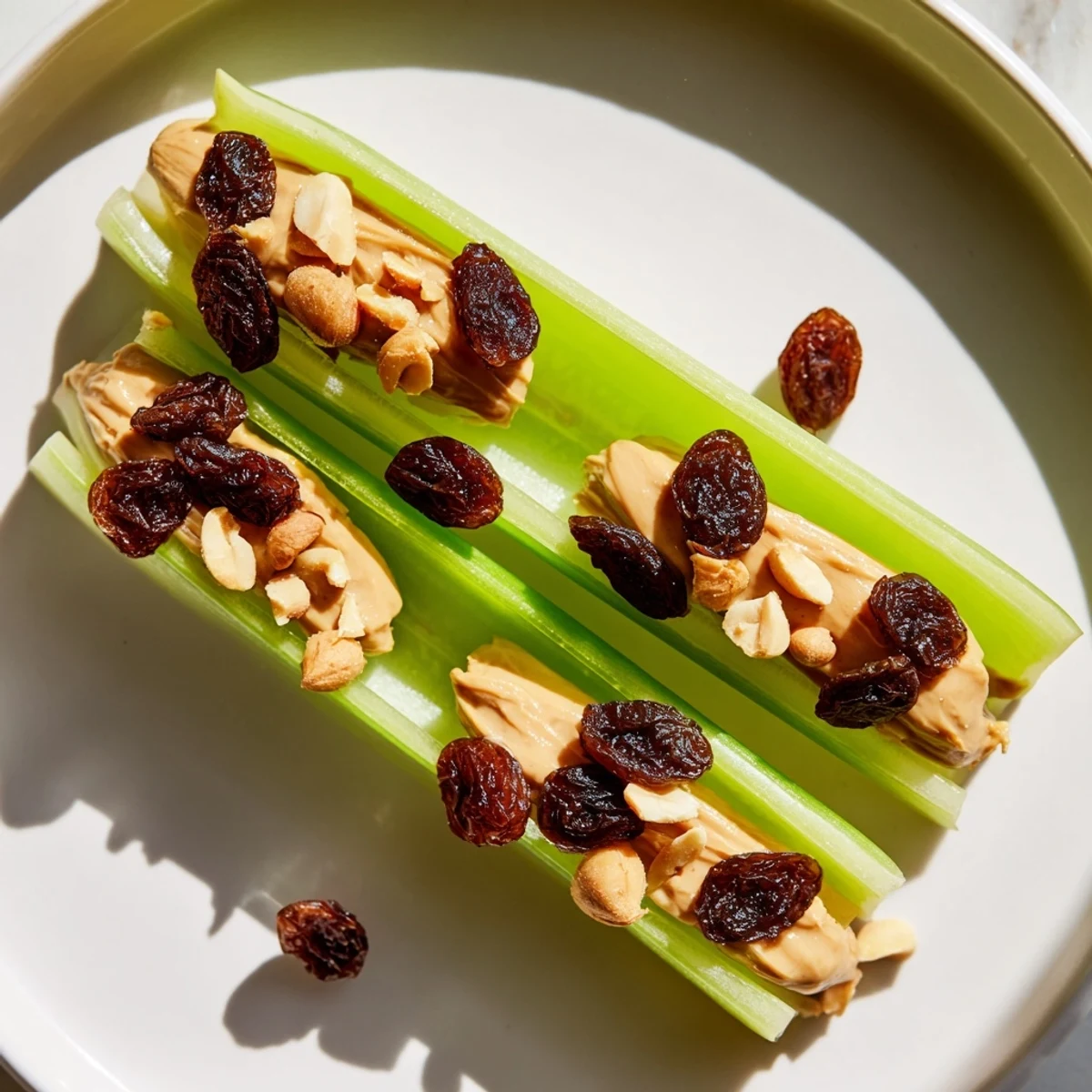 Vibrant photo of Peanut Butter Celery Sticks, a simple, delicious snack—cool, crunchy celery with peanut butter.