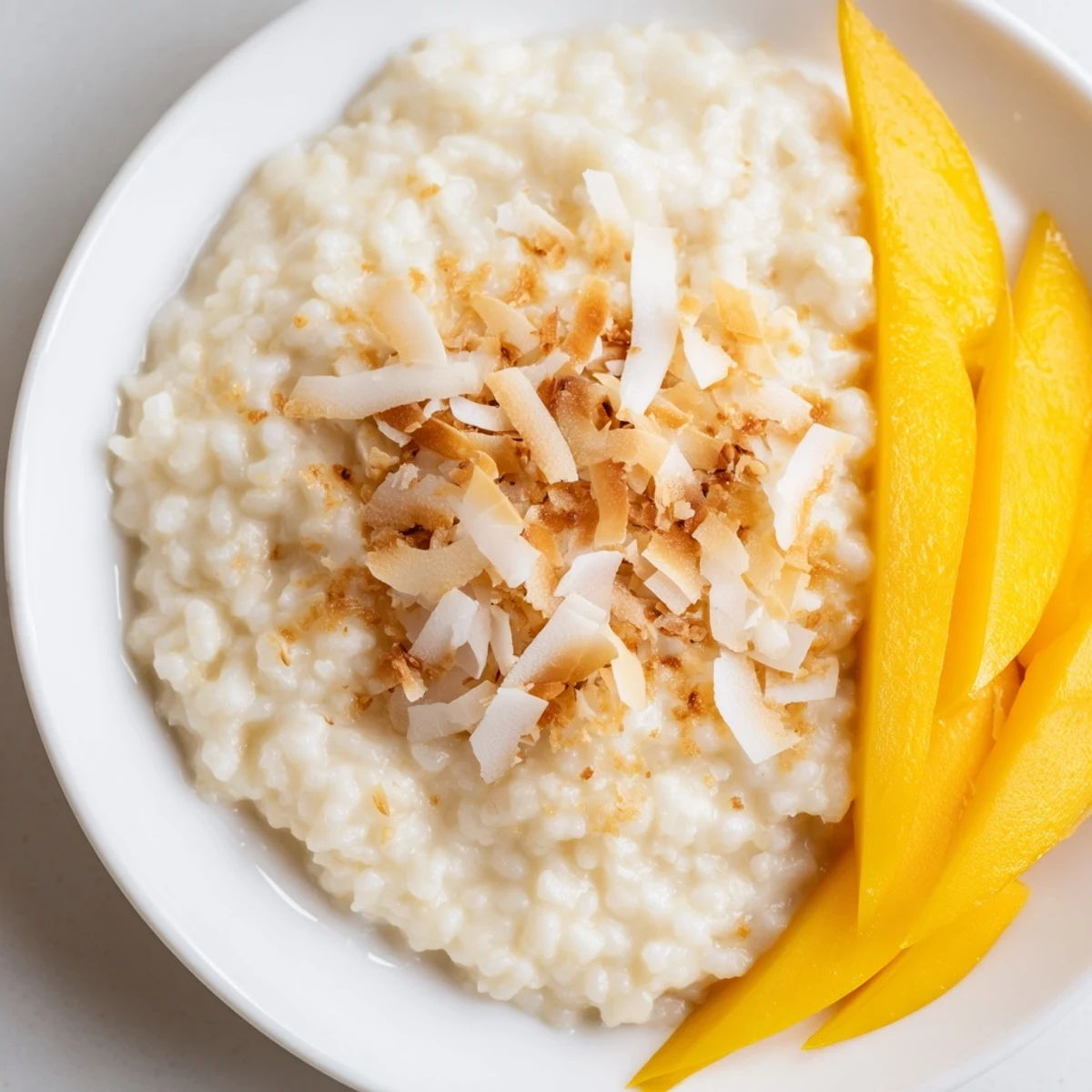 Steaming bowl of Toasted Coconut Rice Pudding, aromatic with cinnamon and vanilla flavor, ready to eat.
