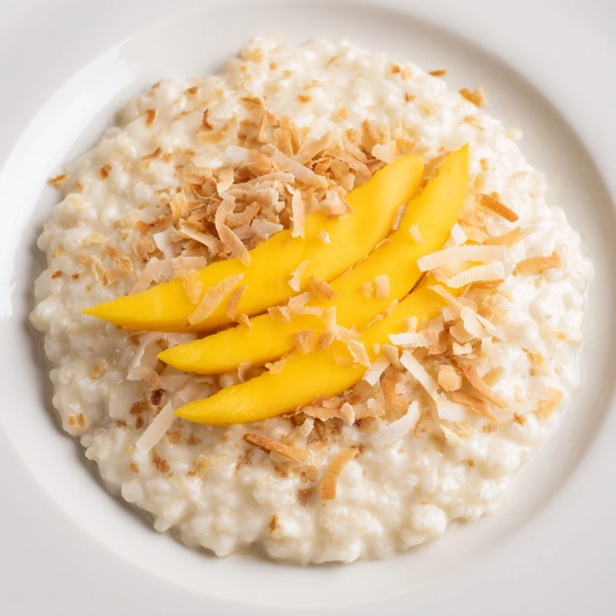 Creamy Toasted Coconut Rice Pudding, garnished with golden coconut flakes and ripe mango slices, a dessert.
