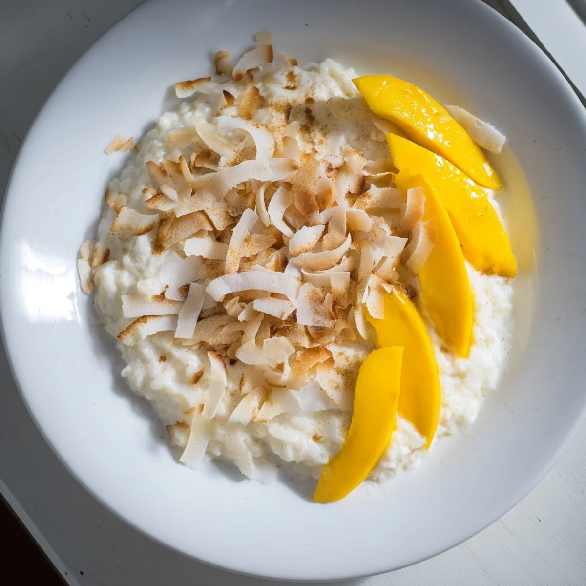 Warm bowl of Toasted Coconut Rice Pudding; creamy texture and toasted coconut aroma, a simple dessert.