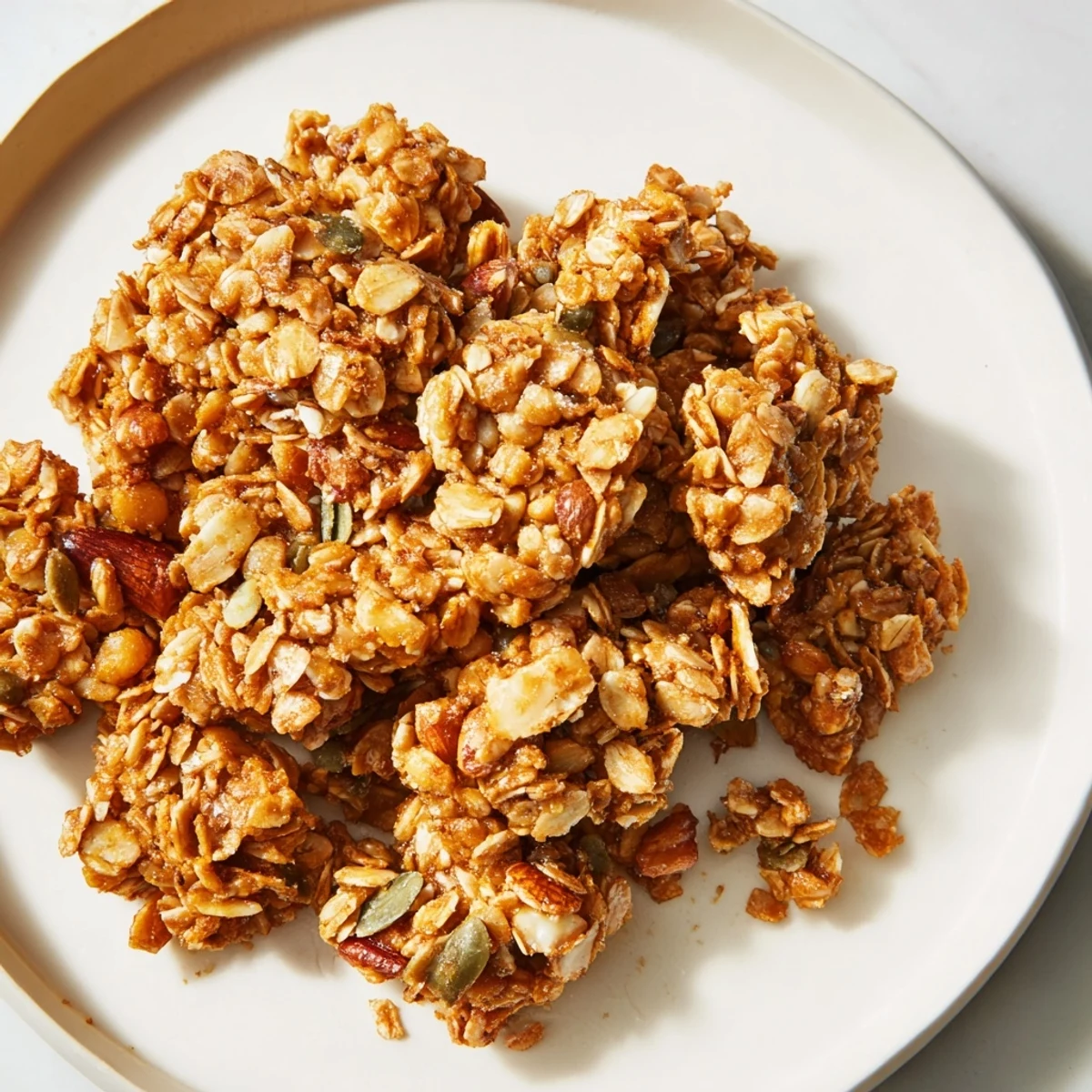 Perfectly baked Honey Nut Granola Clusters with a slightly sweet taste and a delightful crunch, ready to enjoy.