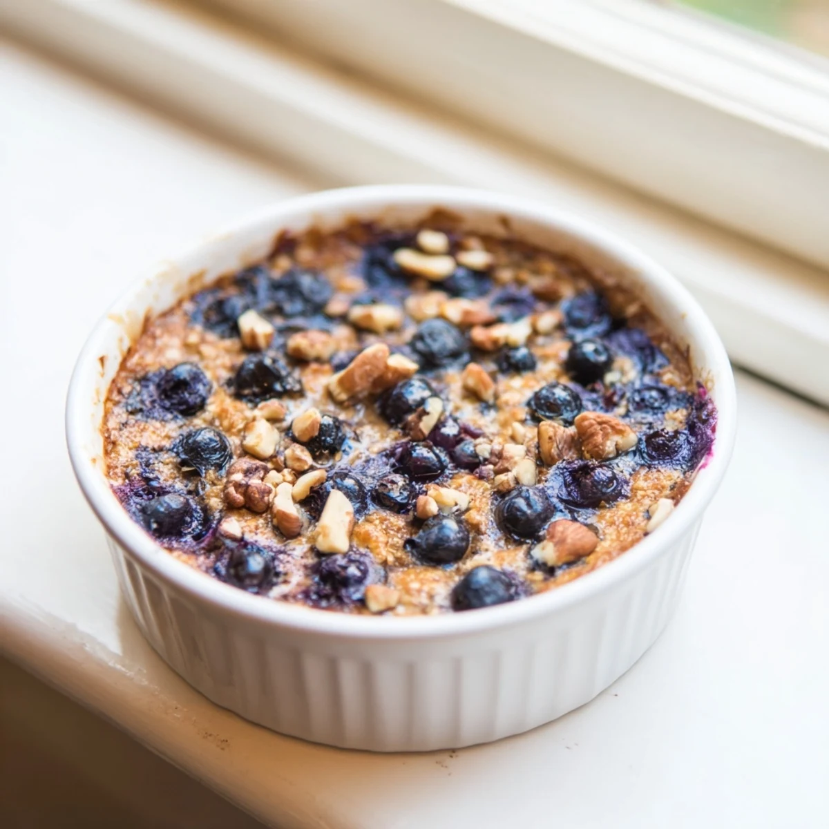 Fluffy Blueberry Baked Oats, golden brown with scattered fresh blueberries, ready to serve.
