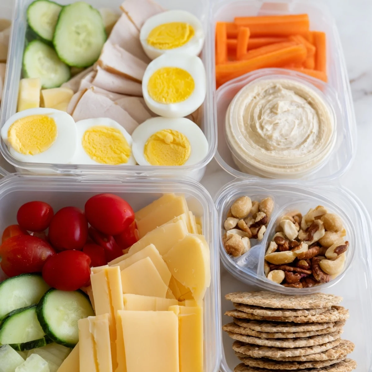 Vibrantly arranged Protein Snack Boxes featuring sliced chicken, fresh veggies and cheese cubes.