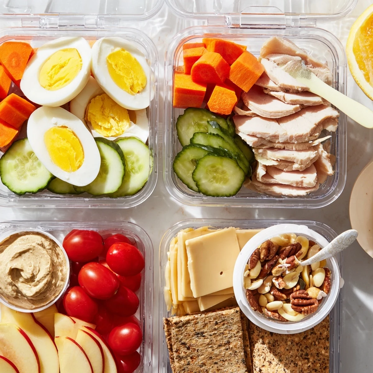 Savory Protein Snack Boxes with colorful veggies, hummus for dipping, and crackers.