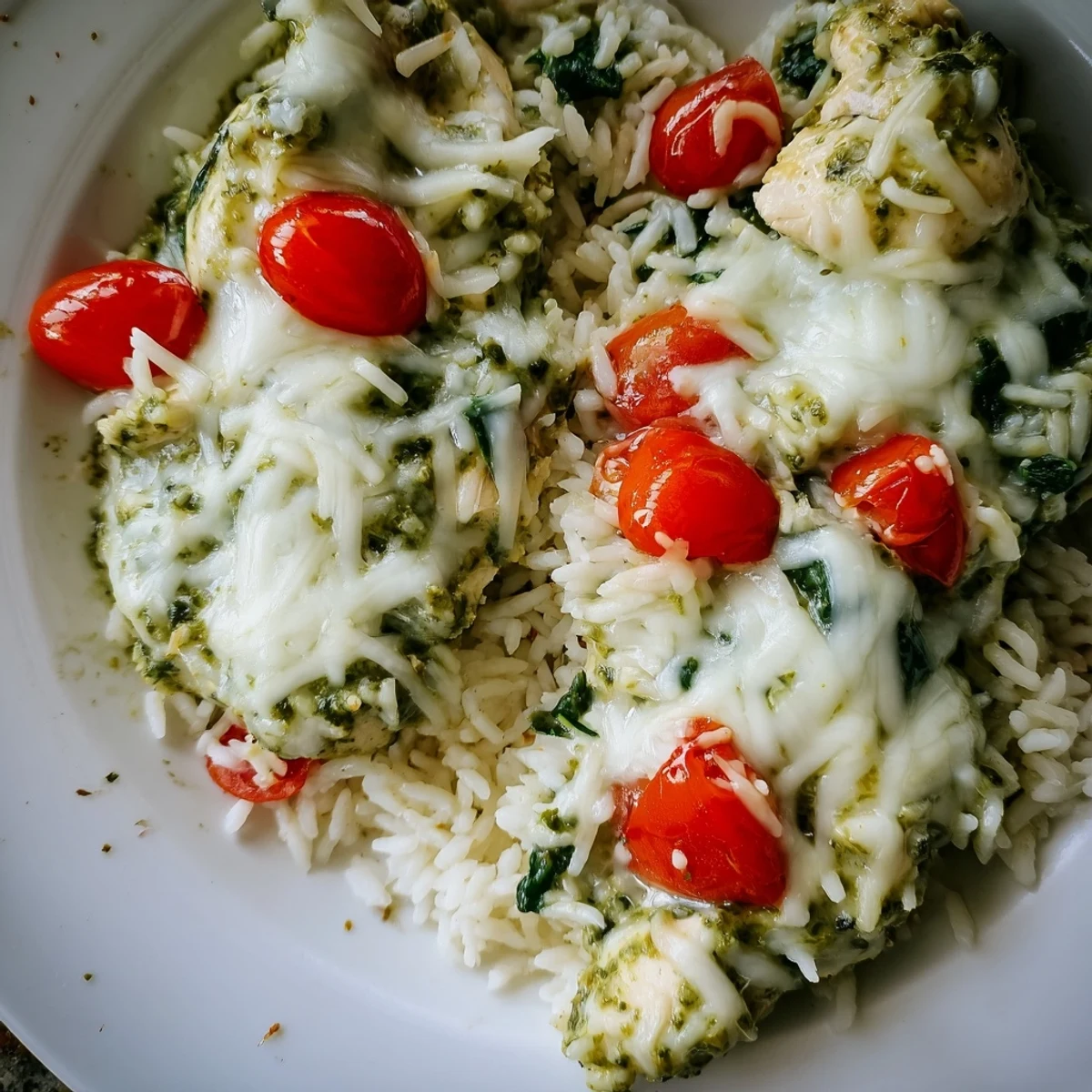 A bubbling Chicken Pesto Rice Bake with melted cheese and juicy cherry tomatoes, a comforting American dinner.