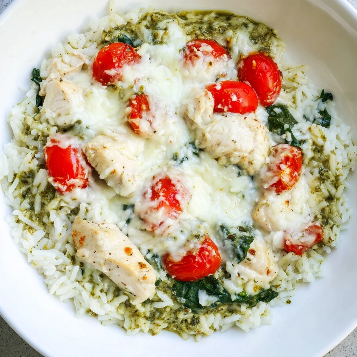 Golden-brown cheese tops this creamy Chicken Pesto Rice Bake, promising a flavorful, easy weeknight casserole meal.
