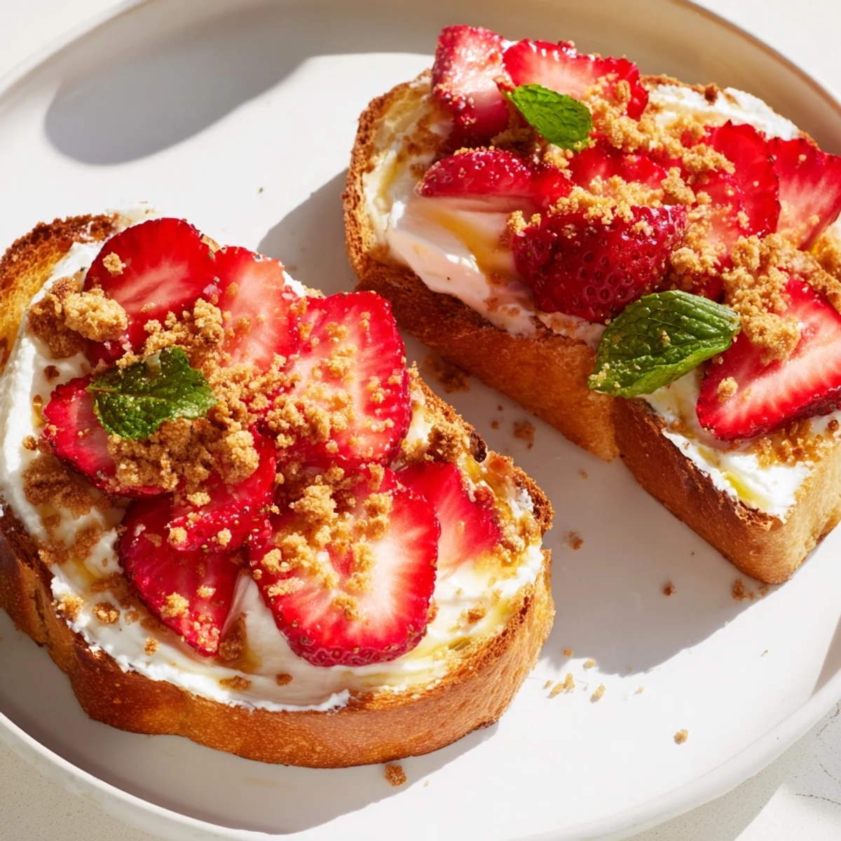 Golden toasted bread topped with creamy, sweet Strawberry Cheesecake Toast and vibrant fresh berries.