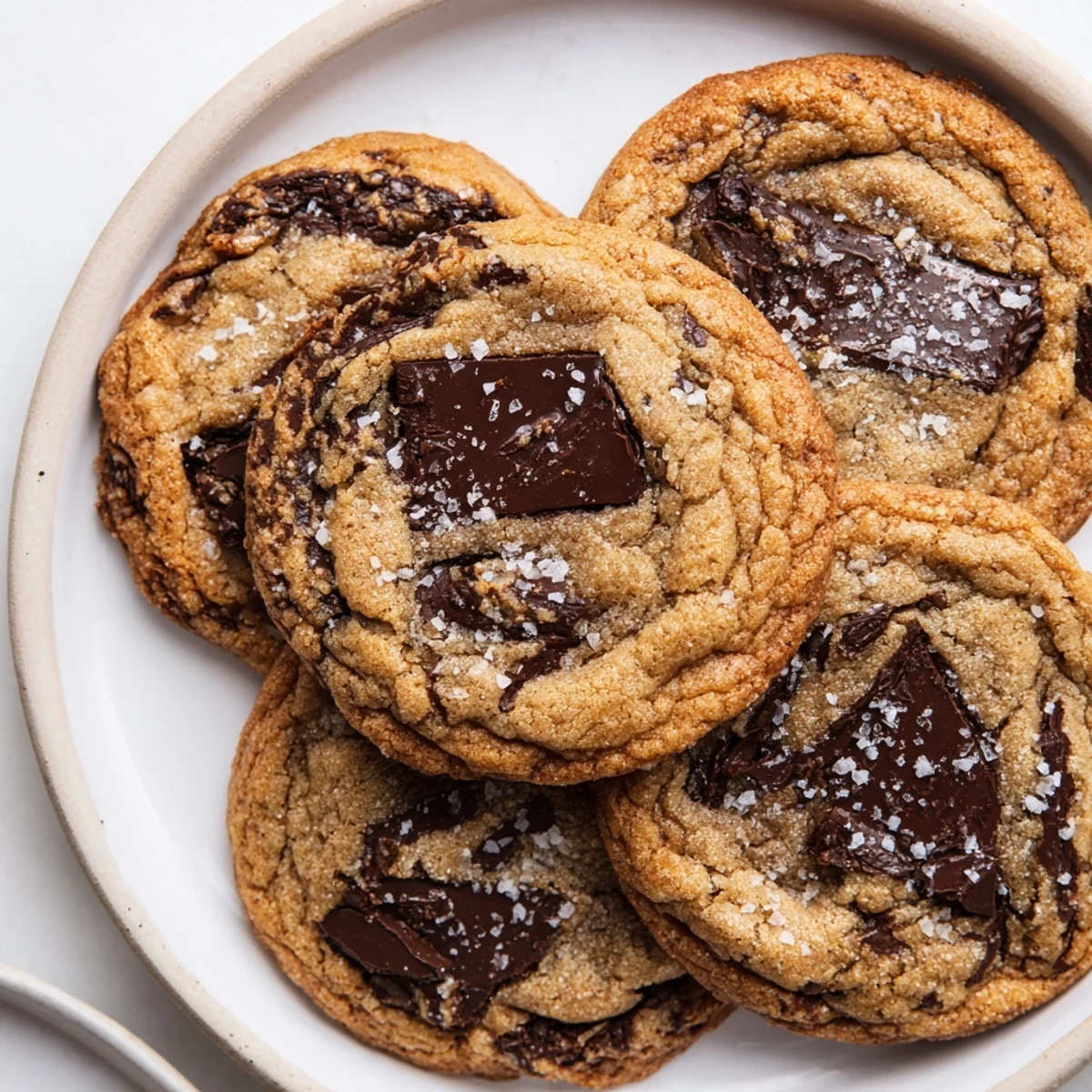 Close-up of baked Miso Brown Butter Cookies, showing melted chocolate and a caramelized crust.