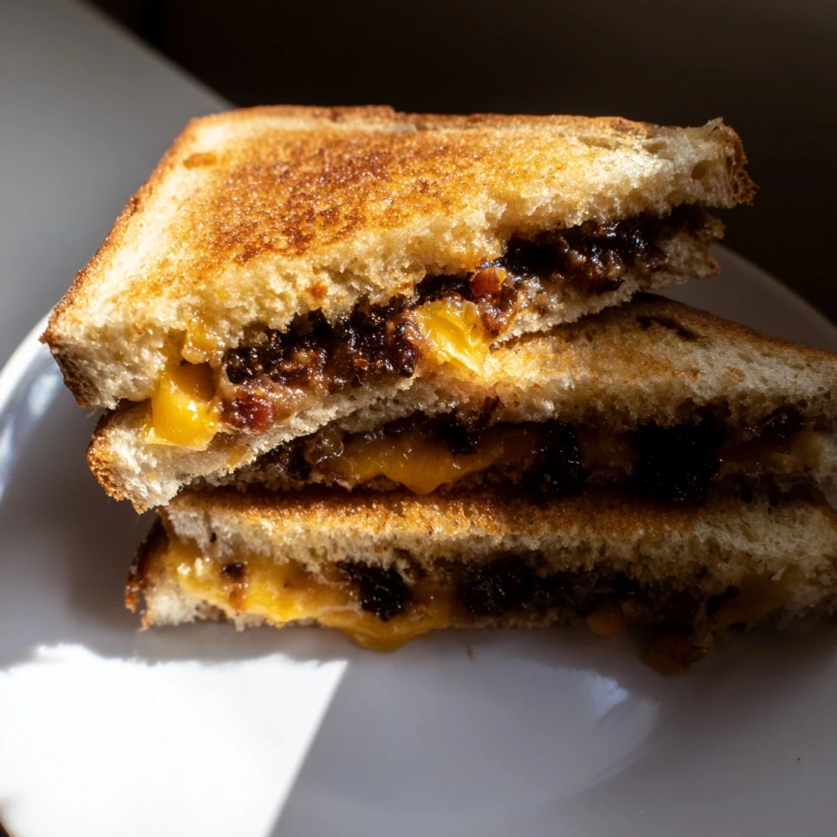 Golden-brown Bacon Jam Grilled Cheese oozing cheesy goodness, perfect for comfort food cravings.