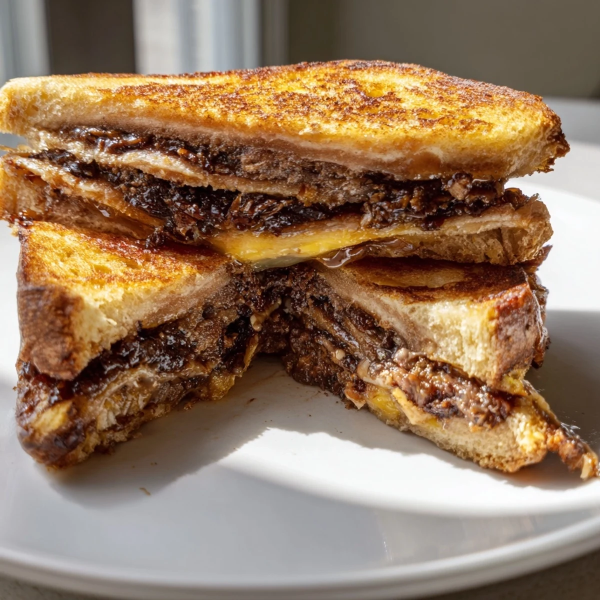 Melting cheddar and Gruyère on a hearty Bacon Jam Grilled Cheese, served with a crispy crust.