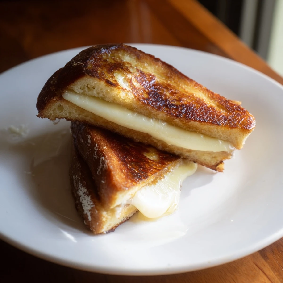 Golden custard French toast grilled cheese oozing melted cheese, a brunch masterpiece!