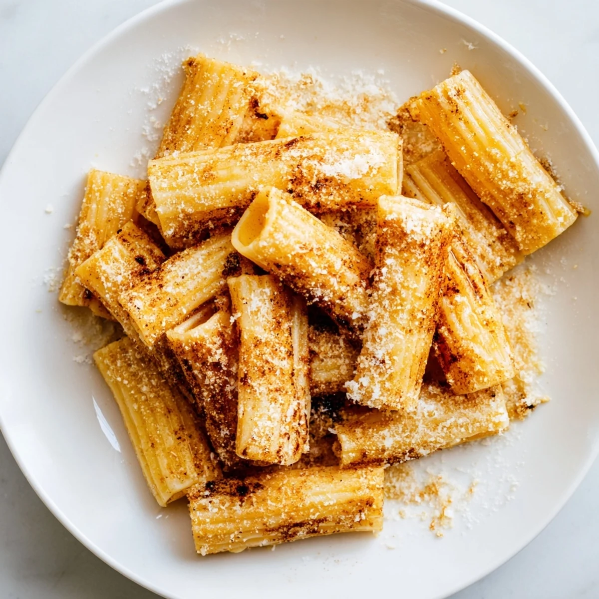 Golden, crispy pasta chips glistening from the air fryer, perfect for dipping in marinara sauce.