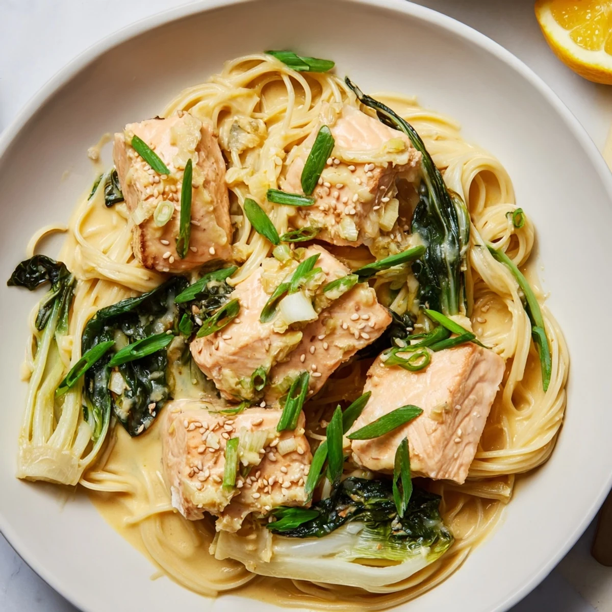 Linguine tossed with miso butter salmon in a creamy sauce, garnished with scallions; a flavorful meal.