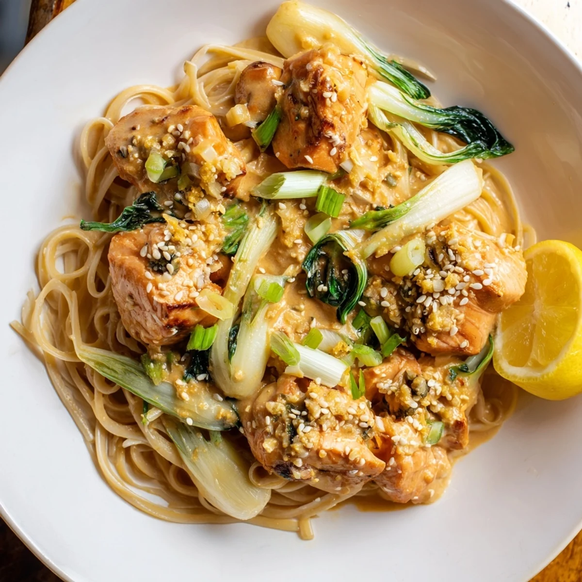 Savory miso butter salmon pasta, a delightful fusion dish, ready for a delicious, flavorful dinner.