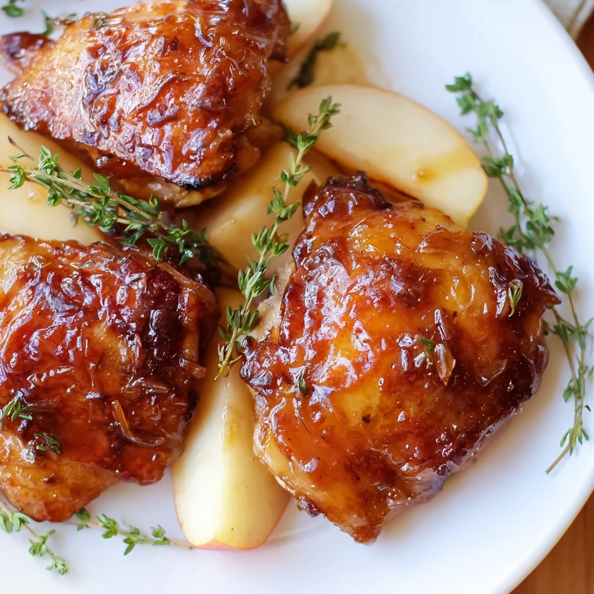 Golden, glistening Sticky Maple Apple Chicken, the tender thighs bathed in a sweet, savory glaze.