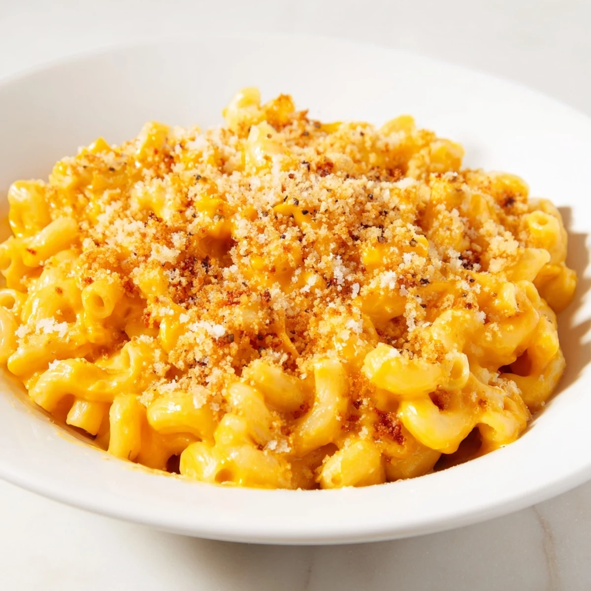 Warm, creamy Pumpkin Mac & Cheese with a golden, bubbly topping, ready to serve.