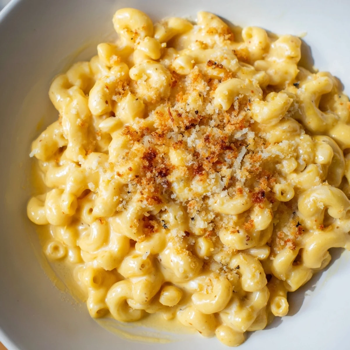 A close-up of a bowl of rich Pumpkin Mac & Cheese, inviting you to enjoy the cheesy comfort.