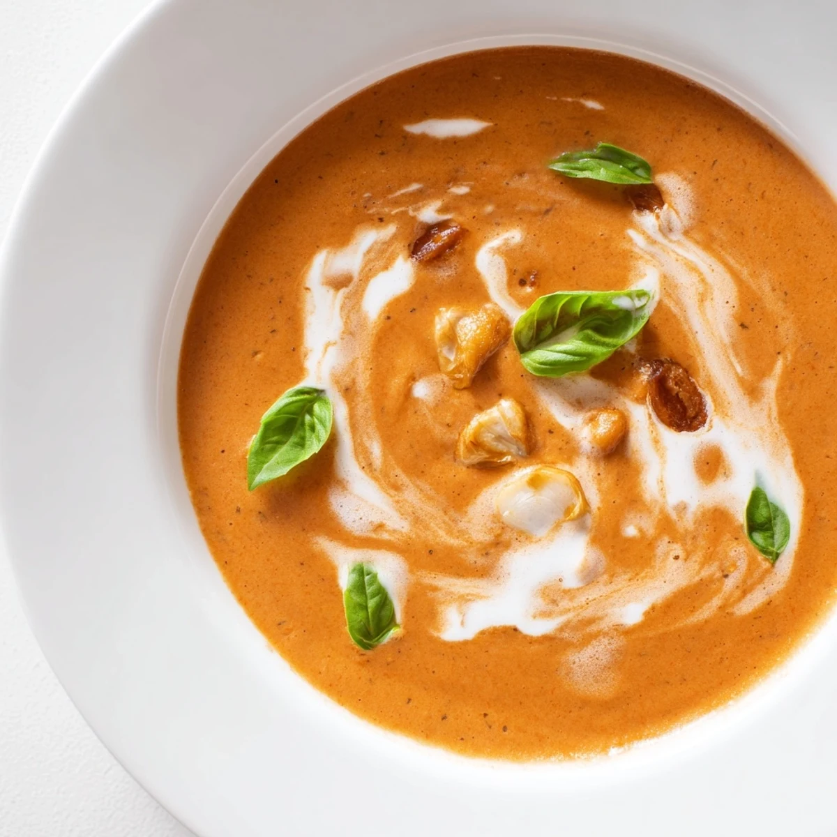 A steaming bowl of creamy roasted garlic tomato soup, perfectly garnished and ready to eat.