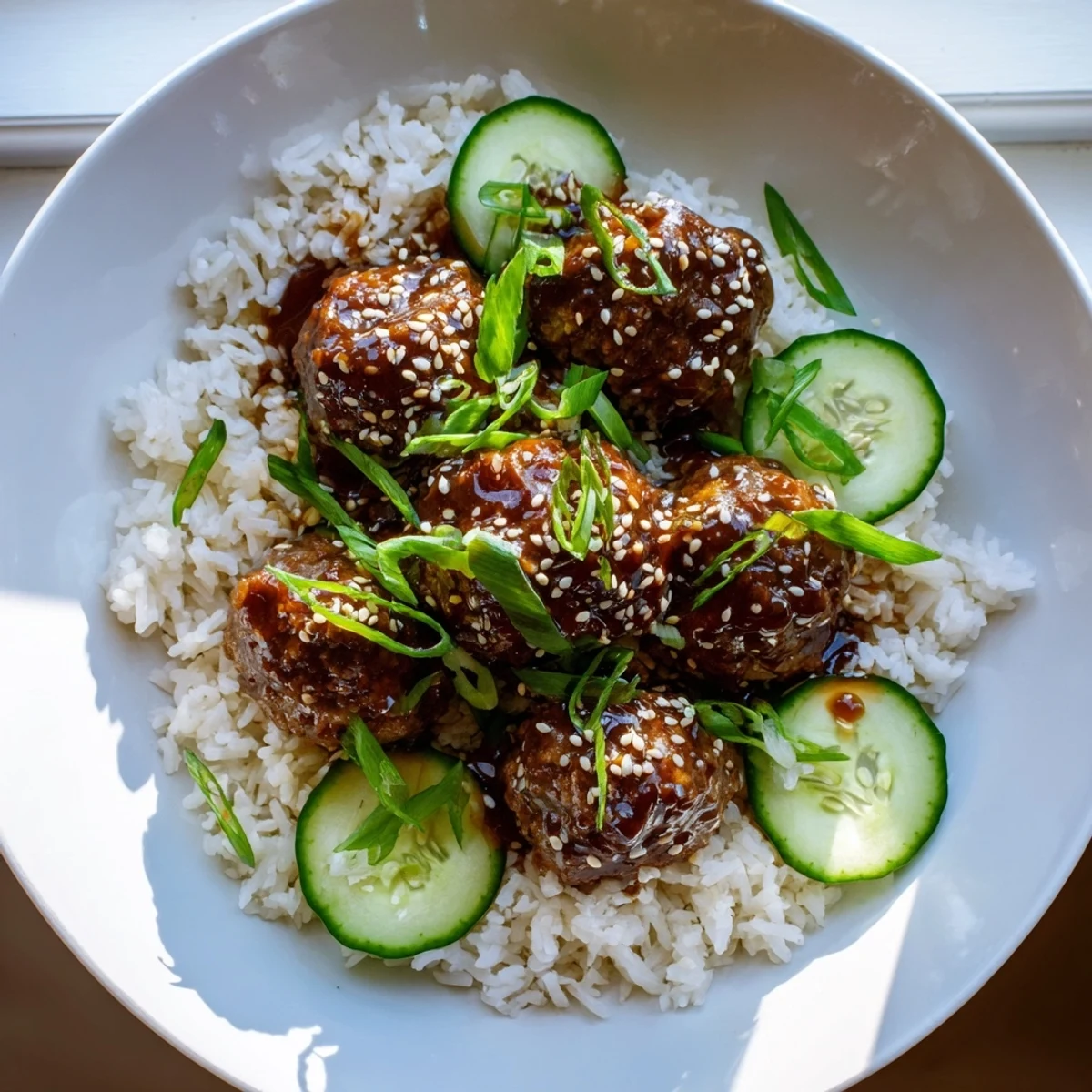 A close-up shot of steaming Teriyaki Meatball Bowls, a delicious Japanese-inspired dinner, ready to eat.
