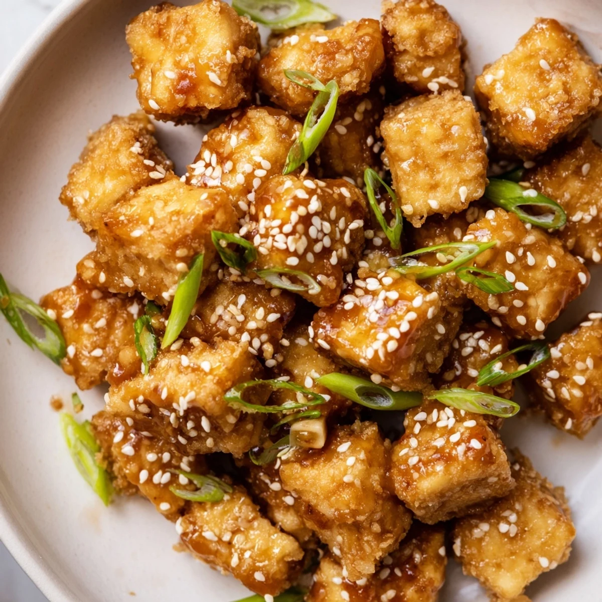 Golden, crispy Honey Sriracha Tofu Nuggets glistening with sweet and spicy glaze ready to eat.