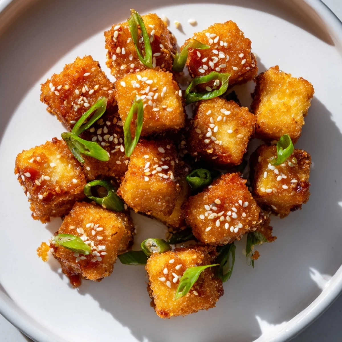 Close-up of freshly glazed Honey Sriracha Tofu Nuggets, coated in sesame seeds, a tasty snack.