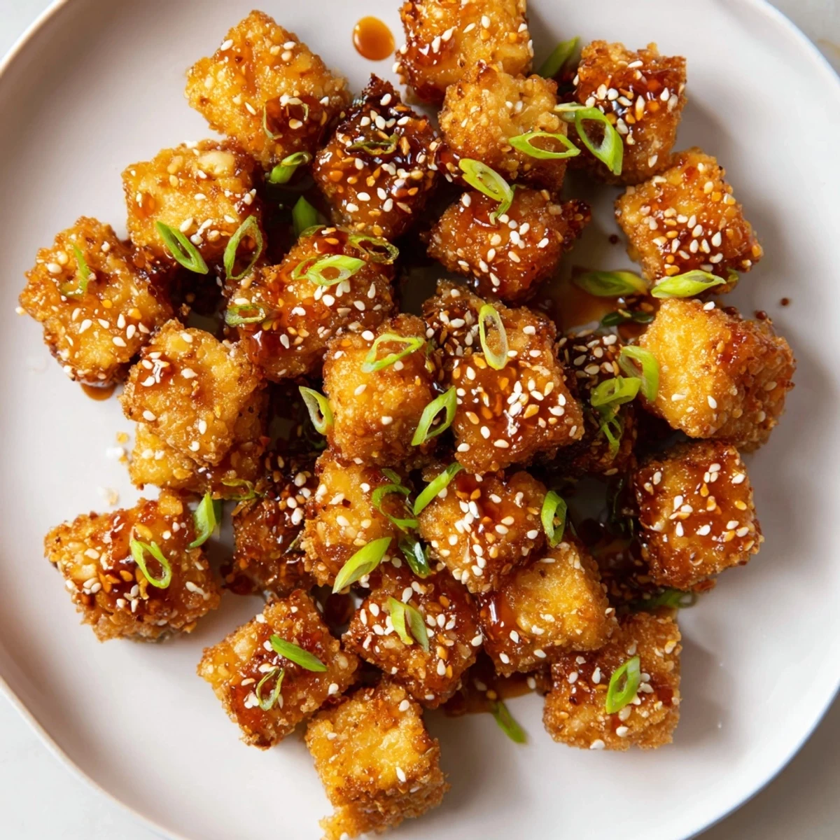 Sizzling Honey Sriracha Tofu Nuggets, offering a flavorful blend of sweet and hot Asian flavors.