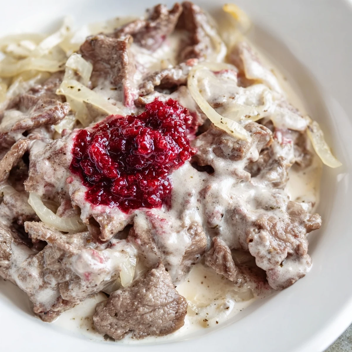 Savory Finnish reindeer stew with dark, rich broth, topped with a dollop of cool sour cream.