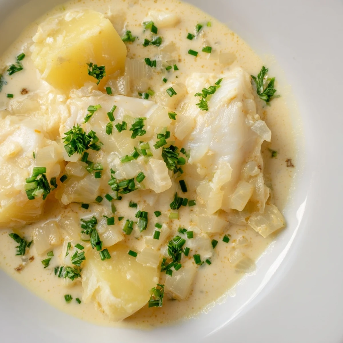 Creamy Icelandic Fish Stew, a warm bowl of flaked white fish and perfectly cooked potatoes.
